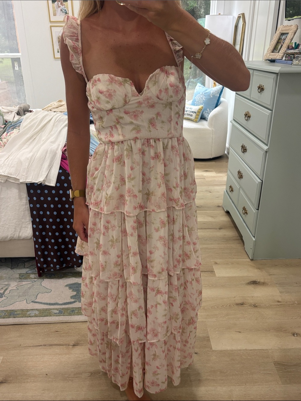 SHEIN Cream Maxi Dress with Pink Floral Ruffles